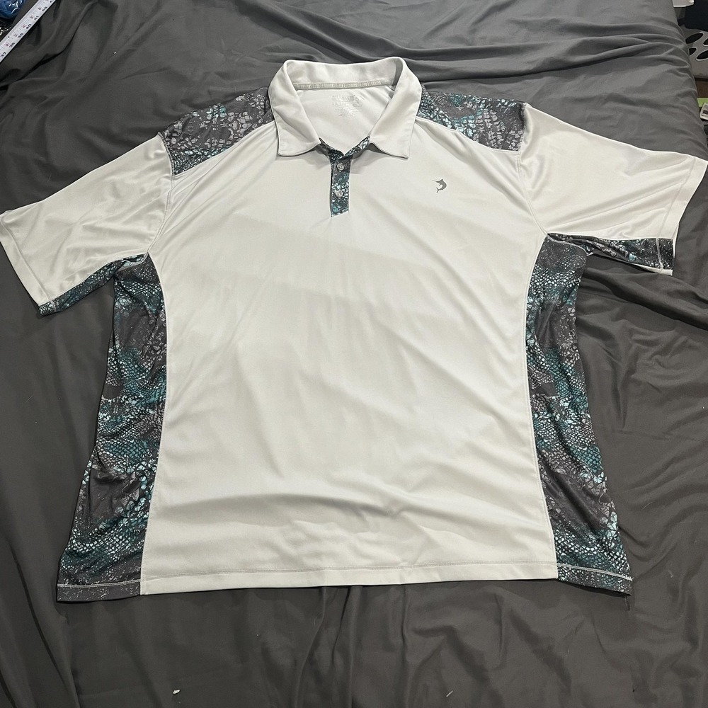 Reel Legends Polo Shirt Mens 2XL White Reel-Tec‎ Fishing Snake Skin Print Panels